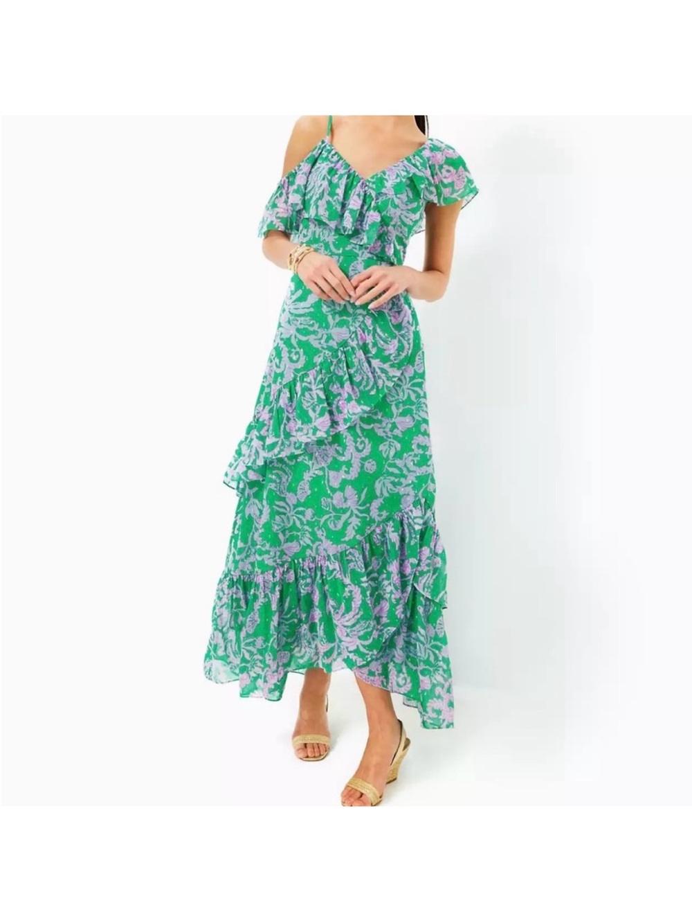Lilly Pulitzer Green and Lavender Floral Off-Shoulder Maxi Dress
